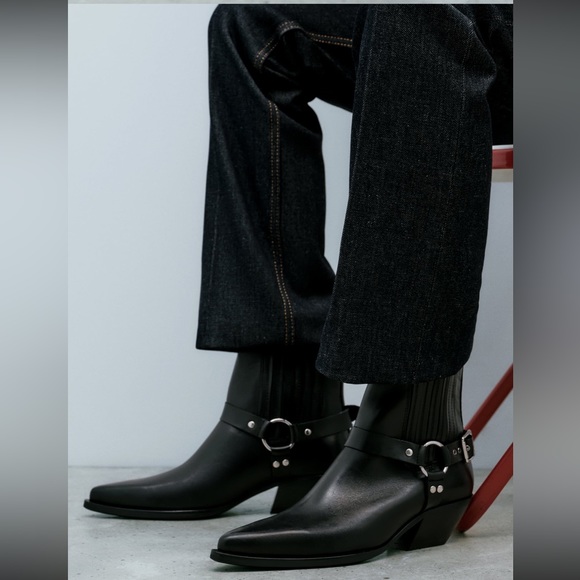 ZARA Cowboy Ankle Boots 100% Cow Leather - Picture 7 of 13